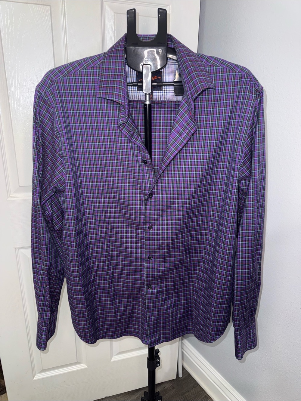 Egara Men’s XL Slim Fit Stretch Non Iron Purple Plaid Long Sleeve Dress Shirt